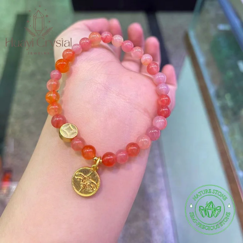 

Natural Salt Mineral Agate Beaded Bee Pattern Coin Brass Stretch Cord Bracelet for Women Fine Jewellery Gift