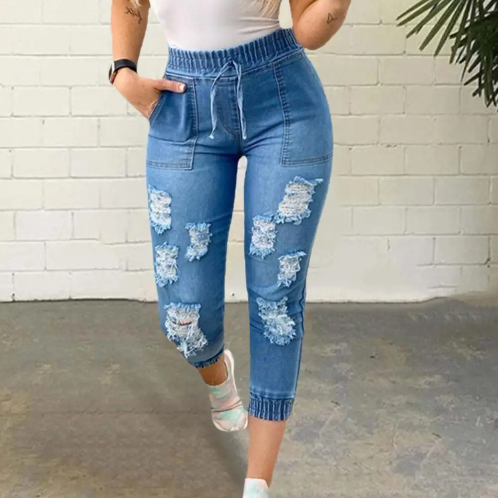 

Casual Elastic Waist Ripped Capri Jeans Lace-up Casual Elastic Waist Ripped Holes Denim Pants Skinny Denim Capris Jeans