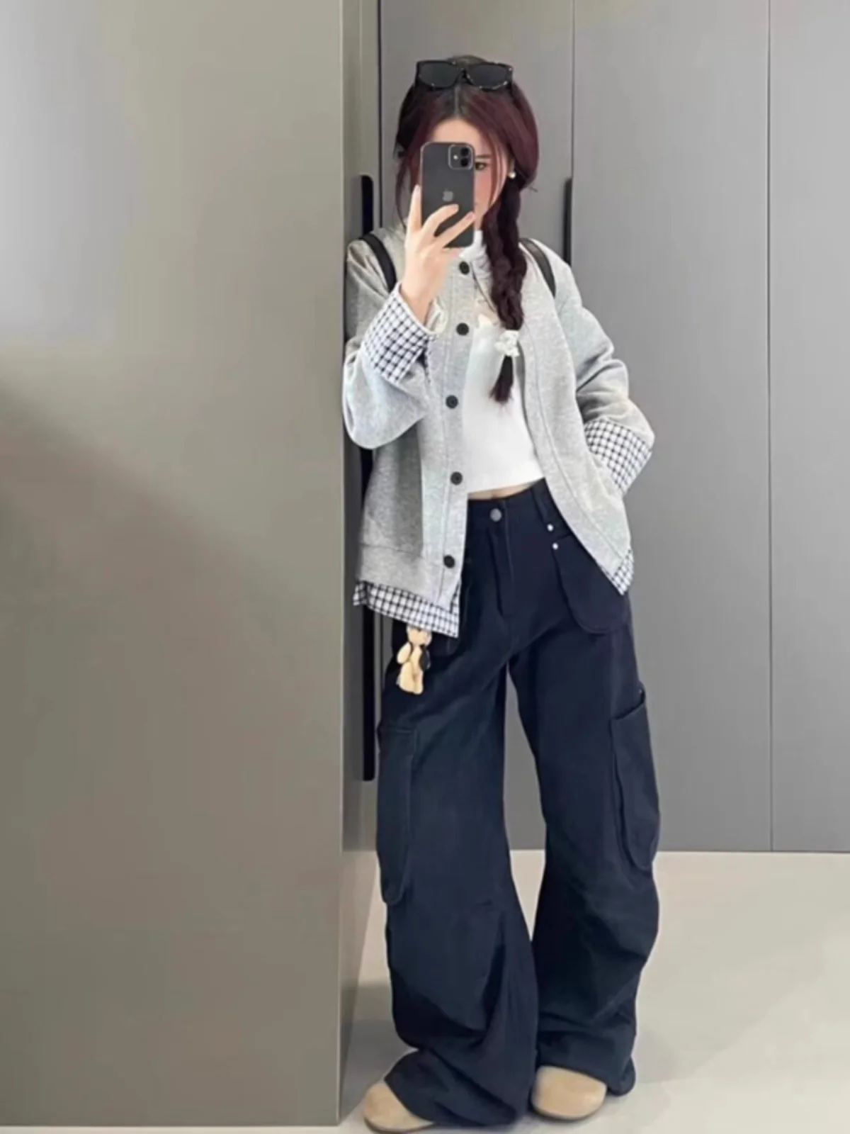 Осень и зима Серый искусственный кардиган из двух предметов с капюшоном Верхняя