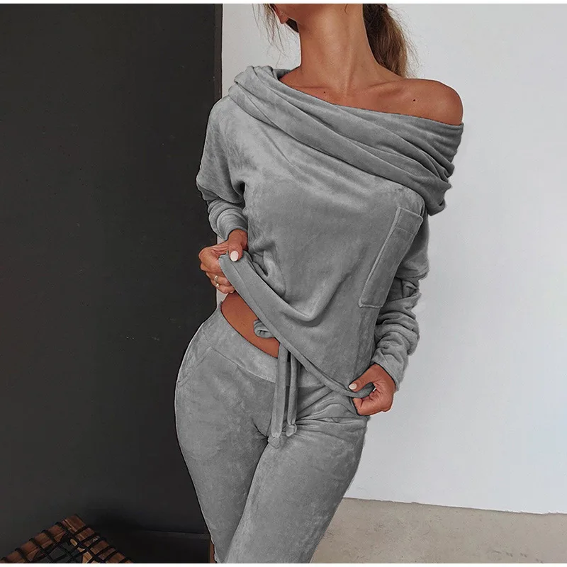 

Ladies Sets Fashion Solid Casual Slash Neck Women's Clothing Long Sleeves Full Length Elastic Waist Pants Loose Women Sets 2021