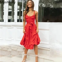 mosimolly 2022 red dress shirred dress sundress big pendulum midi dress party club dress female vestidos