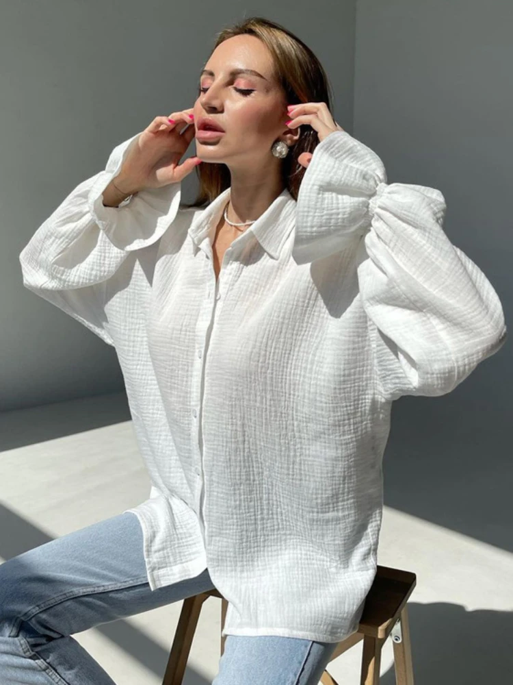 

Europe and the United States 2023 autumn new trumpet sleeve long-sleeve shirt all cotton casual minority white shirt woman