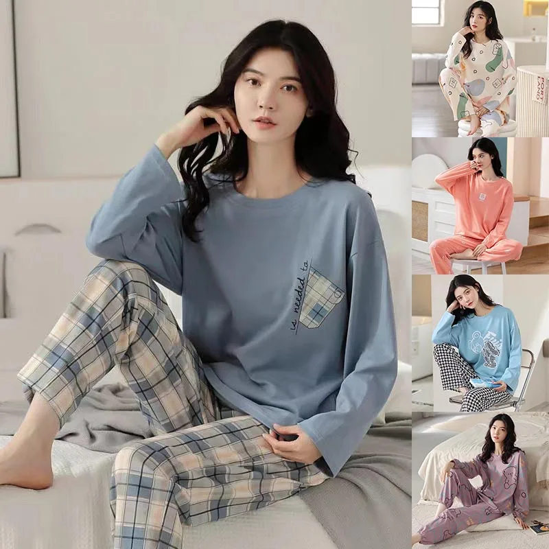 Plus Size Fashion Women's Long Sleeve Round Neck Cartoon Print Top and Trousers Pajama Two Piece Home Wear