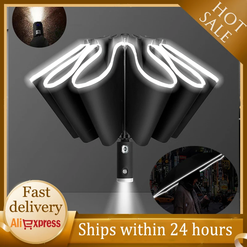 

UV Automatic Umbrella With Reflective Strip Business Rain Wind Resistant Trip Sun Reverse Umbrellas Folding Umbrella with Light