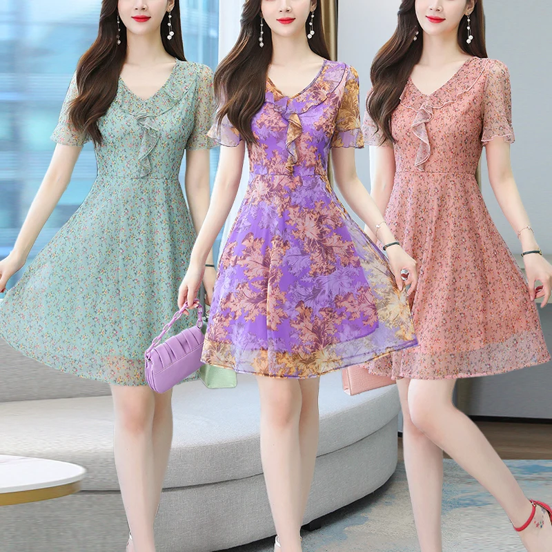 

Women Chiffon Summer Print Floral Dress Casual New V-Neck Short Sleeve Elegant Party Dresses Ladies Clothing Vestidos robe