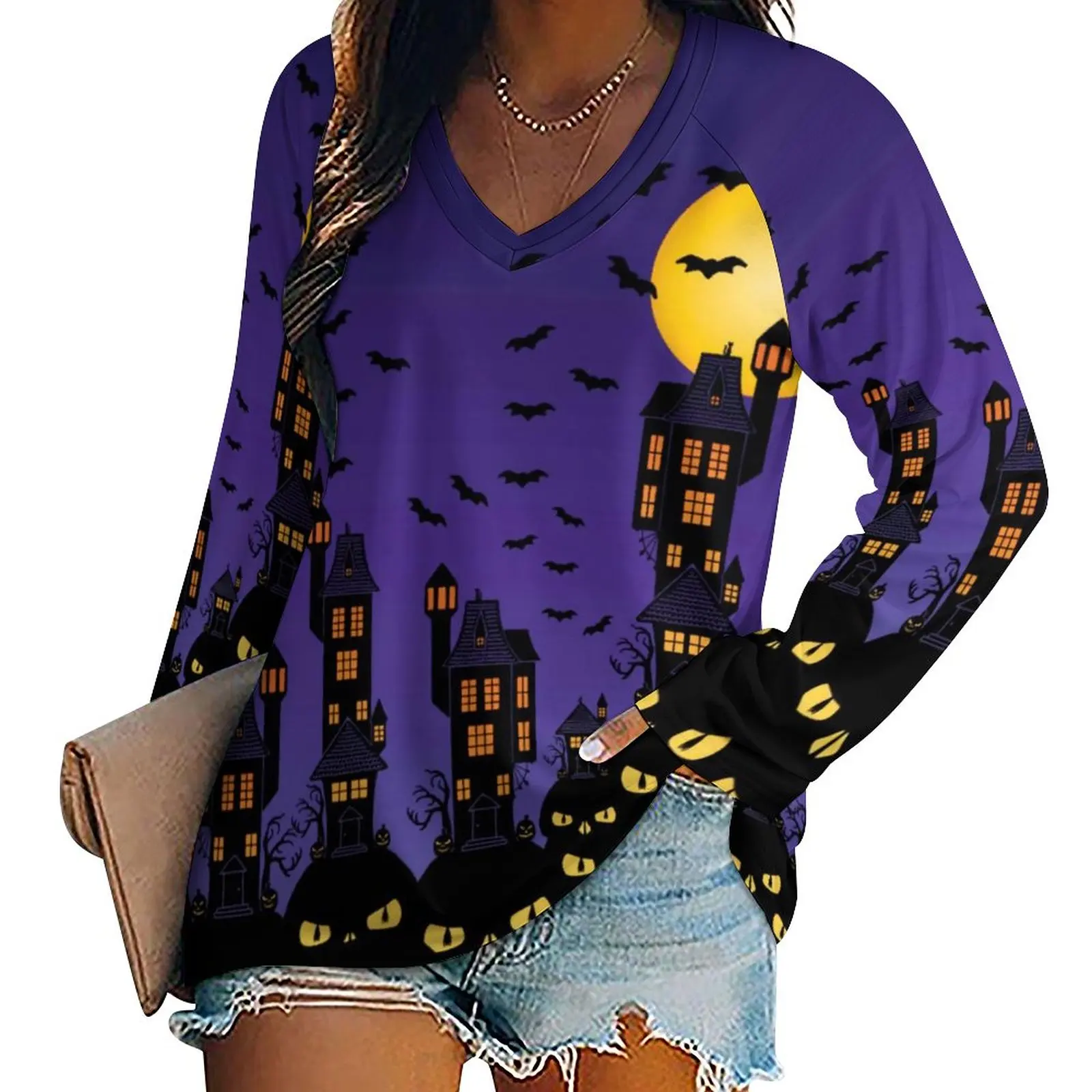Black Bats T-Shirts Haunted Village Casual T Shirt Long Sleeve Aesthetic Design Tees Female Tops 3XL 4XL 5XL