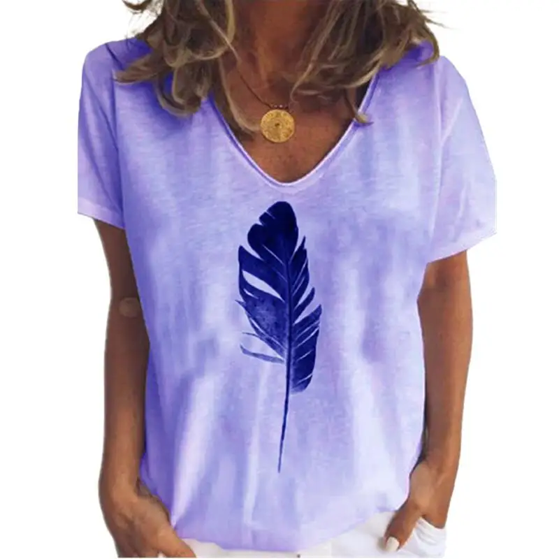 

2023 New Summer Top Street Casual Loose Cotton T Shirts Ladies Short Sleeve V-Neck Tee Top Women Feather Print T Shirt