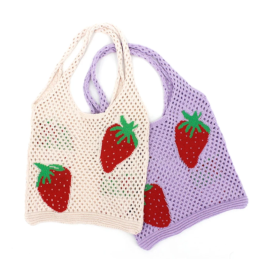 

Korean Knitted Women Shoulder Bags Summer Strawberry Hollow Crochet Shopping Bag for Women Storage Handmade Tote