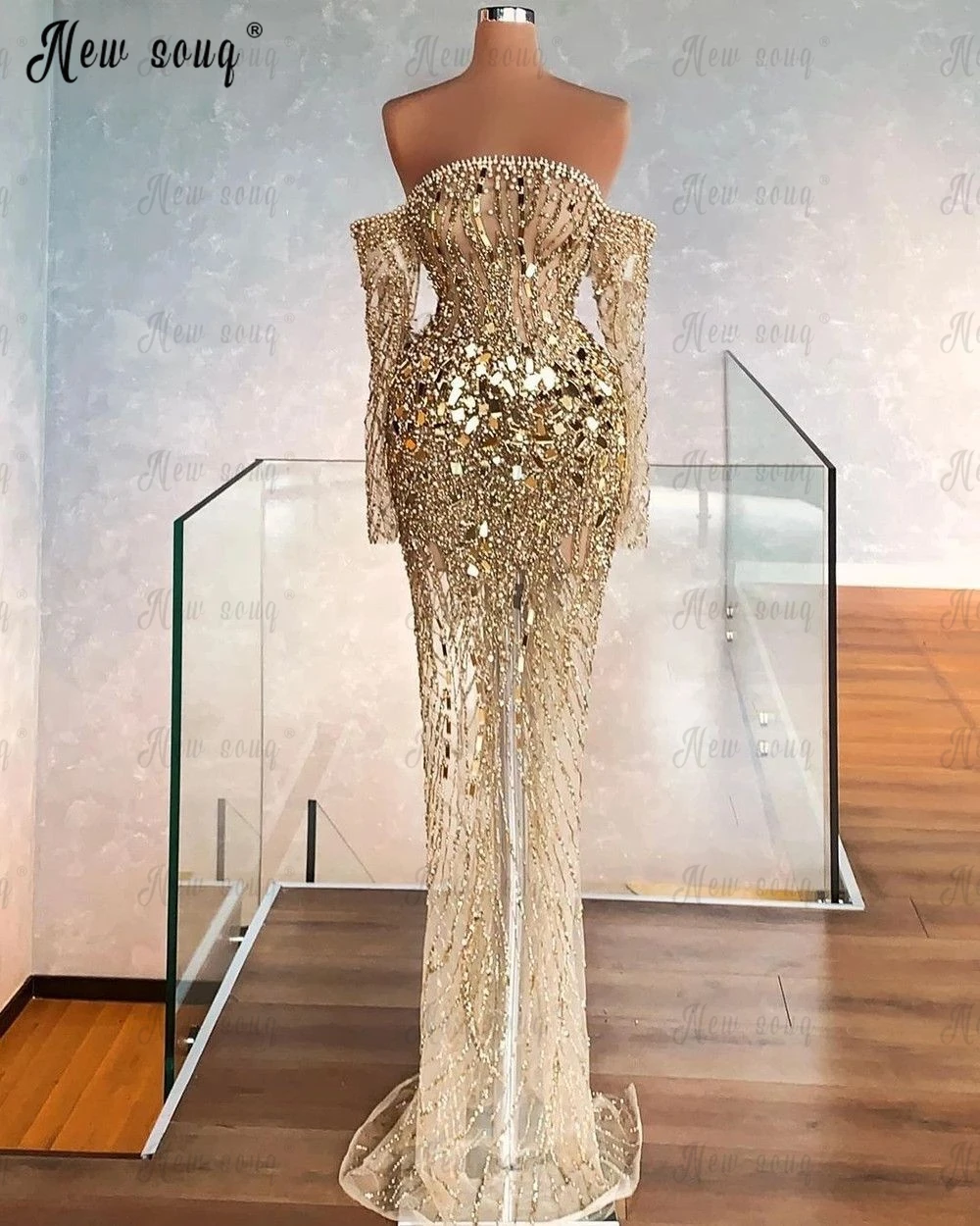 

2023 Champagne Beaded Sequin Evening Dress Sexy Off Shoulder Mermaid Wedding Party Night Gowns Custom Made Arabic Vestidos De F