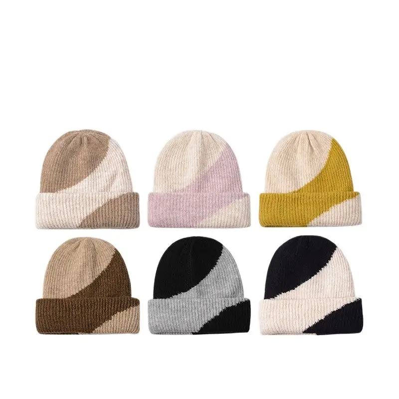 

VISROVER 2022 New Winter Beanie For Women Stripe Patchwork Cashmere Kniited Hat Soft Warm Fashion Skullies Bonnet Casual Cap Men