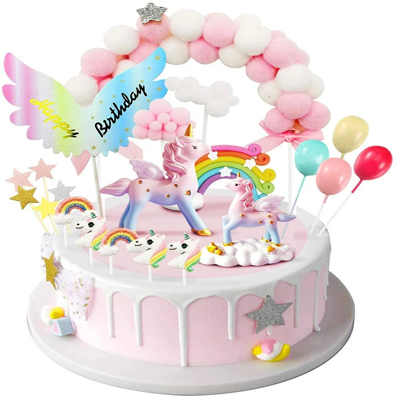

Unicorn cake top hat, birthday cake decoration, 1 pink fur ball arch 1 rainbow 1 happy birthday banner 2 clouds 4 balloons 10 st