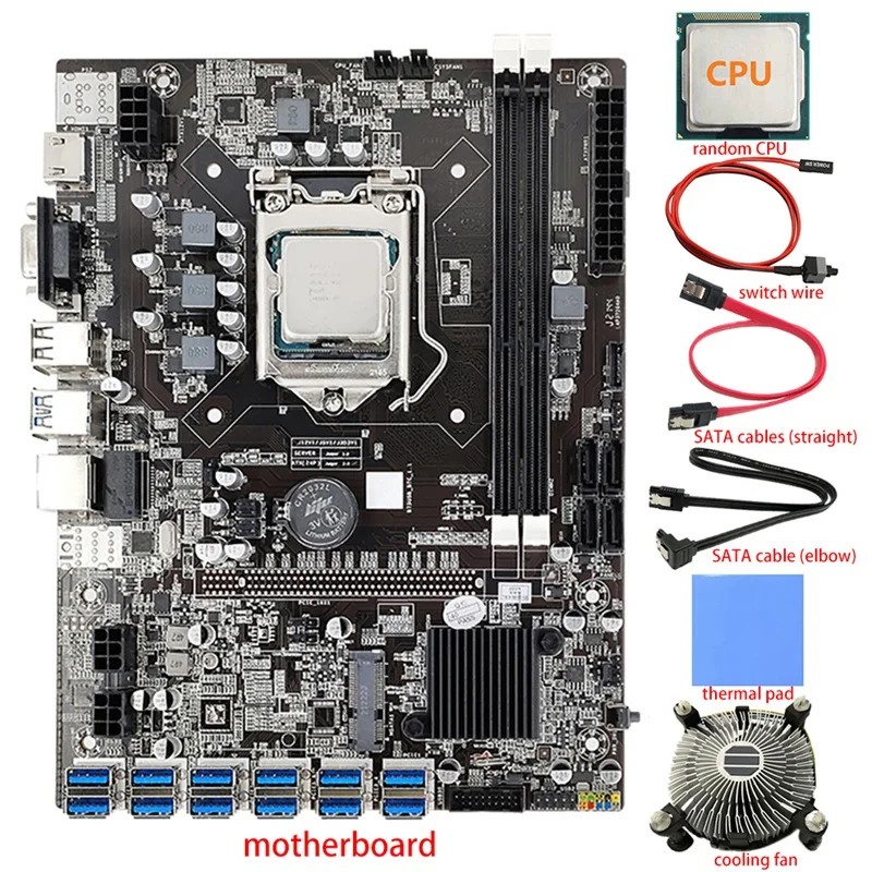 

Материнская плата 12 GPU B75 BTC для майнинга + ЦП + вентилятор + термоподушка + 2X SATA кабель + коммутационный кабель 12 USB3.0(PCIE)LGA1155 DDR3 ОЗУ SATA3.0
