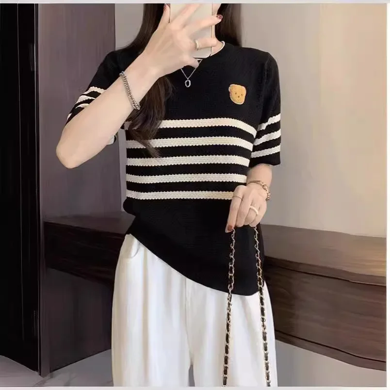 Новый летний мужской укороченный вязаный топ в полоску с круглым вырезом для
