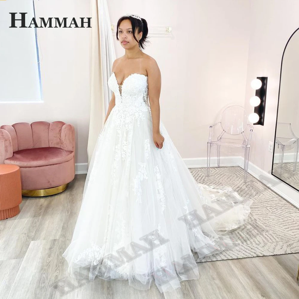 

HAMMAH A Line Elegant Wedding Gown For Bride V Neck Tulle Appliques Lacing Up Court Train Vestidos De Novia Brautmode Customised