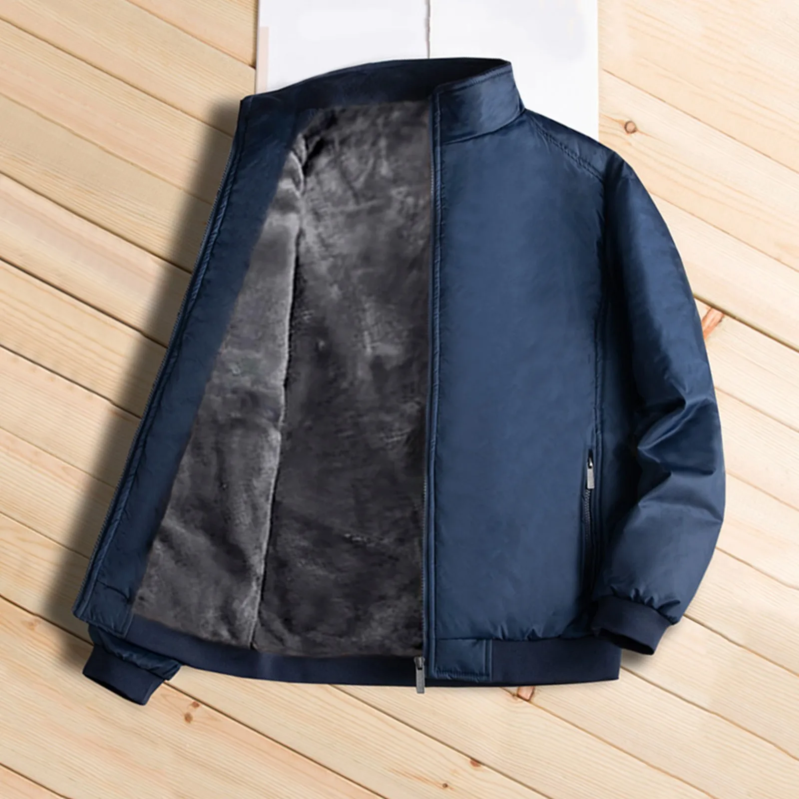 

Father's Winter Solid Outwear Velvet Outdoor Zipper Stand Collar Warm Outercoat With Pockets Men's Cotton Coat