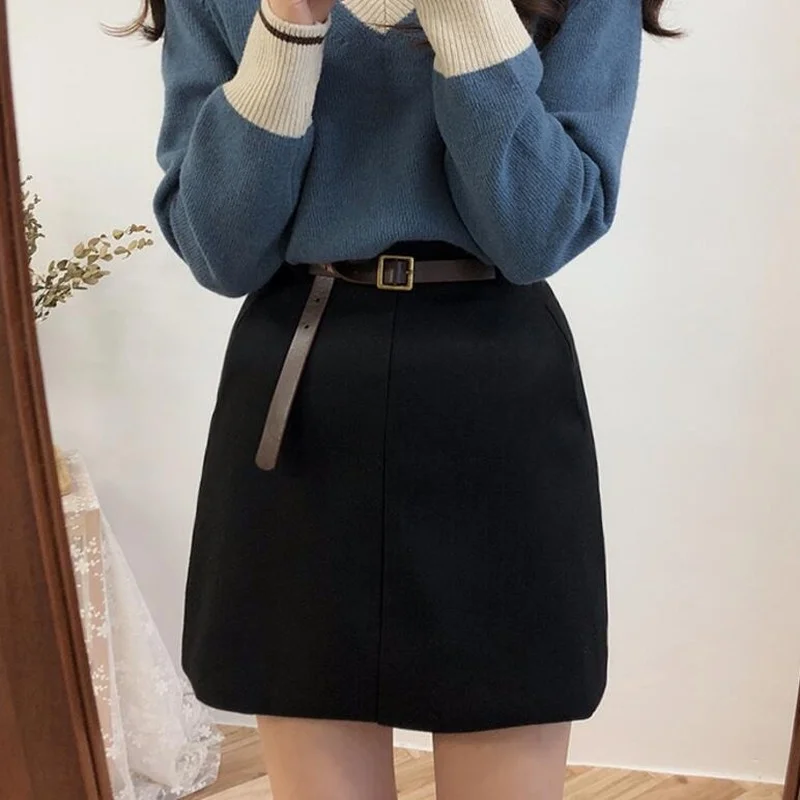 

2022 Spring New Arrival Vintage Temperament High Waist A-line Office Skirts Womens with Belt Woolen Mini Skirt Short for Women