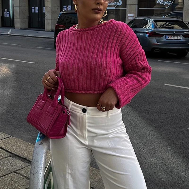 

Autumn Women Crew Neck Knitting Sweater Winter Solid Slim Crop Tops Knitting Ladies Long Sleeve Tank Jumper Sweaters Clothes