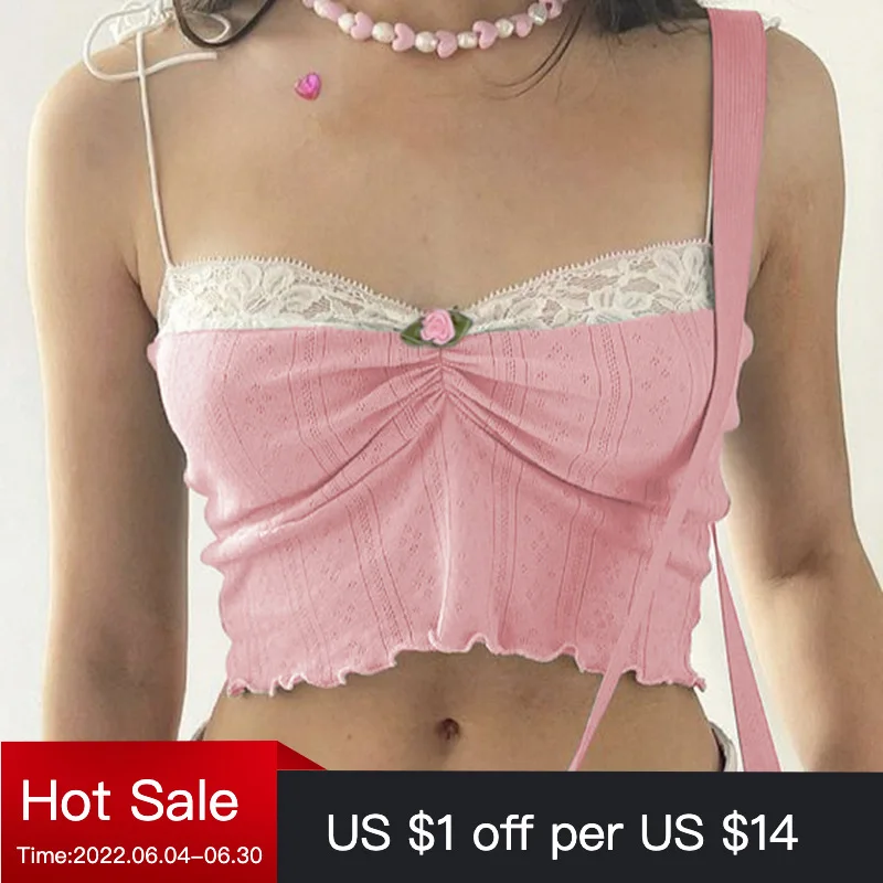 

Pink Blue Lace Patchwork Y2K Camisole Sexy Spaghetti Strap Chic Cropped Women Outfits Aesthetic 90s Slim Folds Floral Shirts