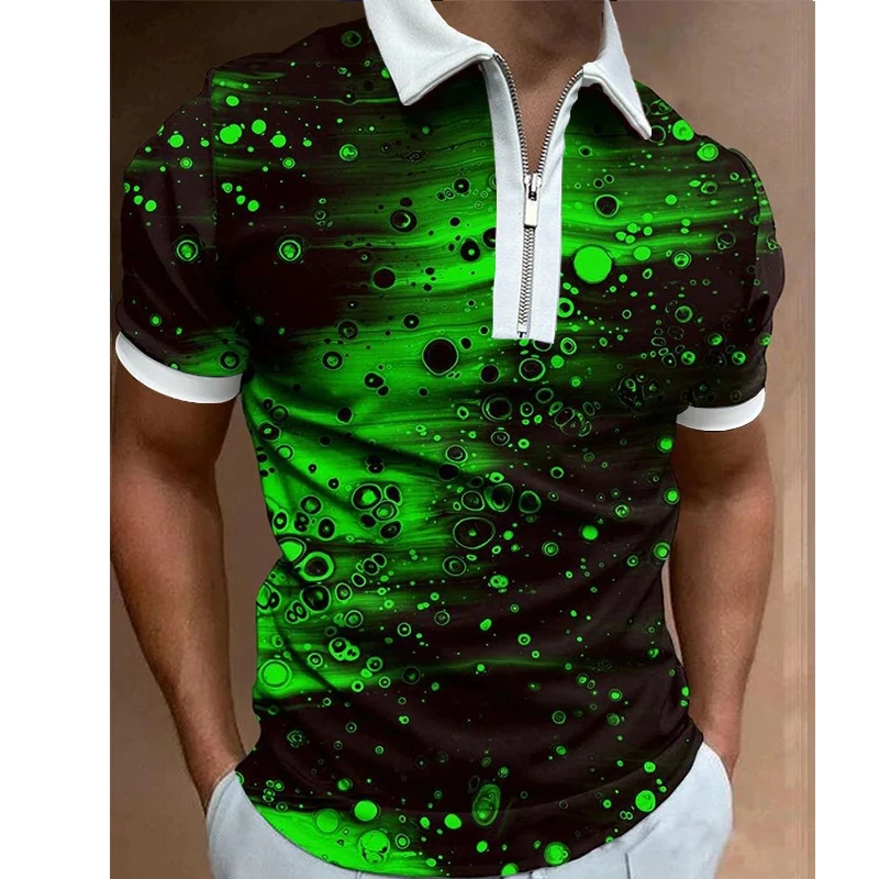 

Luxury Men's Clothing Polo Shirts Casual Turn-Down Collar Zipper Patchwork Blisters Print Short Sleeve Tee Shirt Men Polos Tops