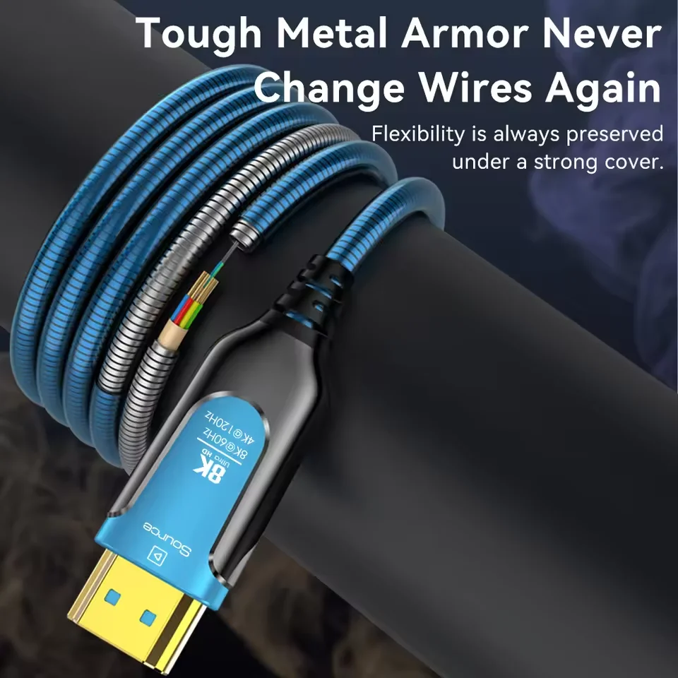 Фото Бронированный оптоволоконный кабель HDMI 2.1 8K 5/10/20/30/50 м, 8K@60 Гц, 4K@120 Гц, 48 Гбит/с, HDR, eARC для телевизора/проектора/PS5/Apple TV, домашнего кинотеатра №2