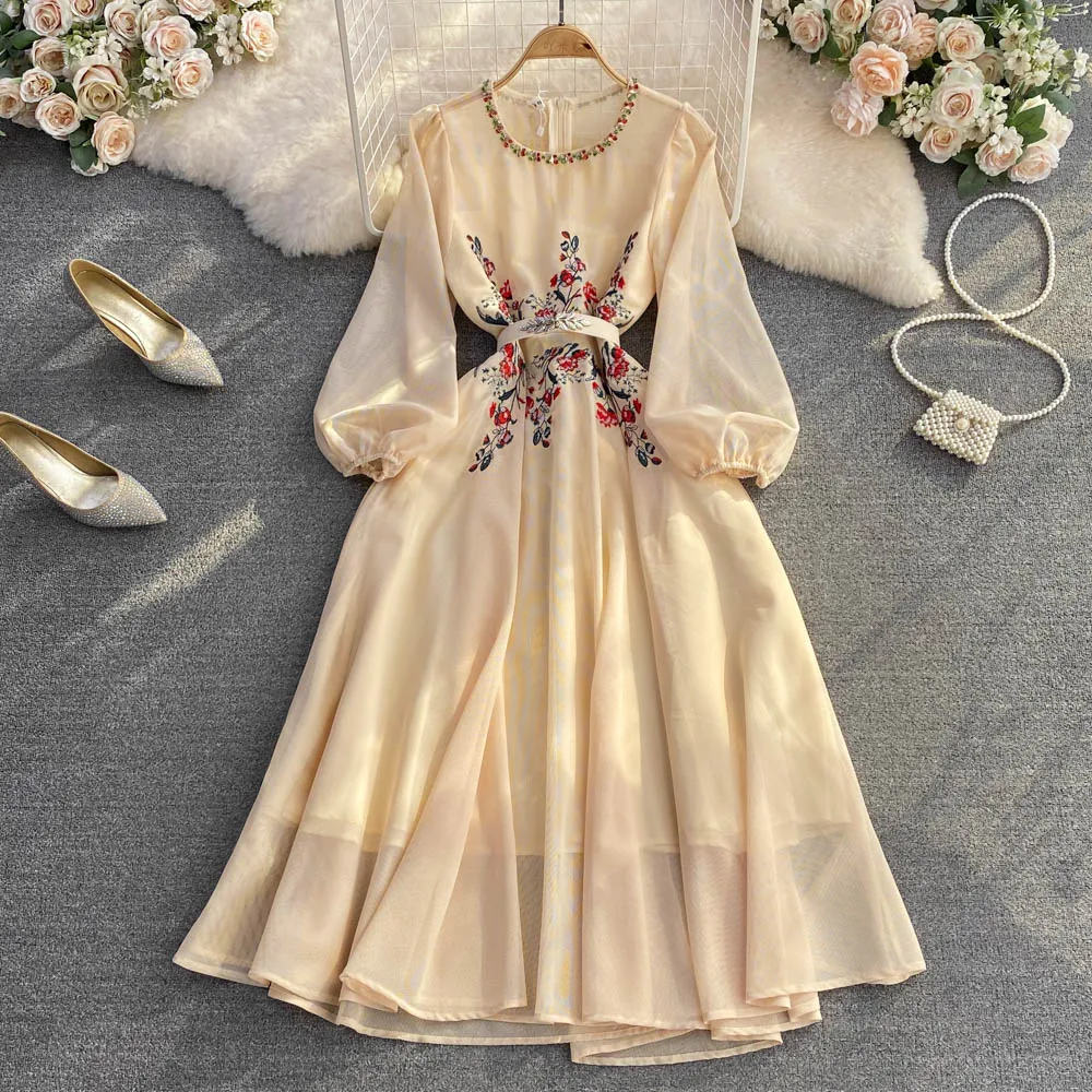 

2023 French Luxury Designer Style Round Neck with Diamond Bubble Long Sleeve Waist A Line Dress Elegant Swing Long Dress