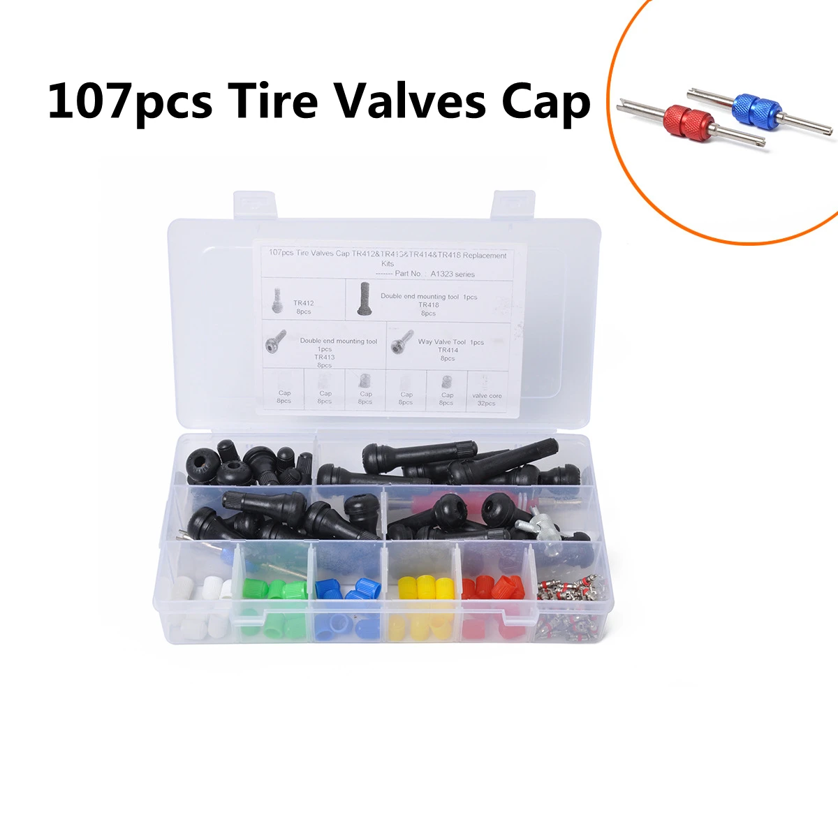 

107pcs Universal Car Accessories Tire Valve Caps TR412 TR412 TR414 TR418 Replacement Kits Auto Parts Double End Mounting Tool