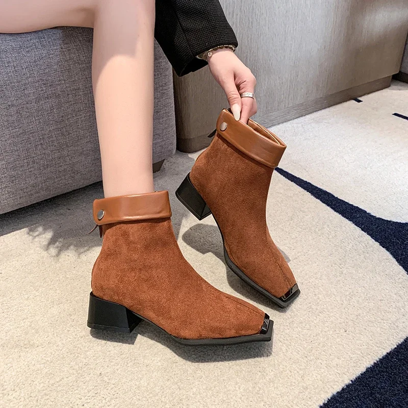 Женские ботинки 2024 модные женские ботильоны в корейском стиле с квадратным
