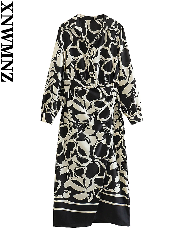 

XNWMNZ 2023 Women Fashion Print Midi Dress Woman Retro Polo Long Sleeve Front Button Female Chic Dresses