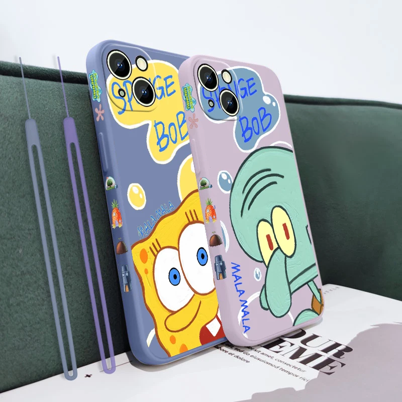

Starfish squid SpongeBob For Apple iPhone 14 13 12 11 Pro Max Plus XS XR X 8 7 SE Liquid Left Rope Phone Case Capa Cover