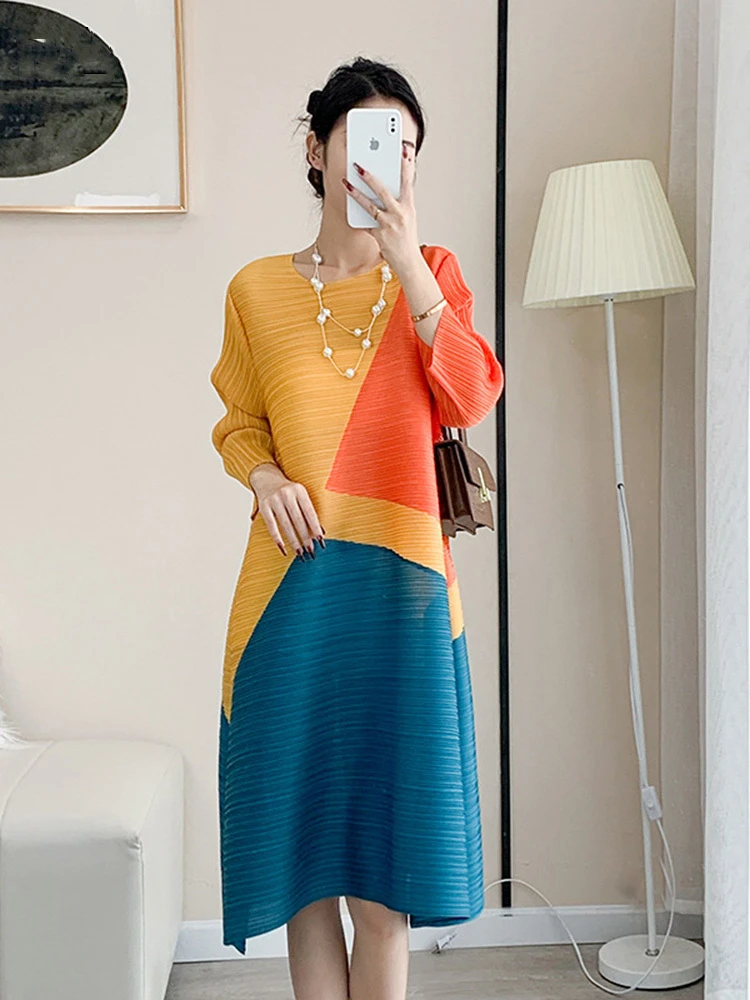 

Miyake Pleated Geometric Printed Patchwork Dress Women Loose Color Blcok Long Sleeve O-Neck Luxury Designer Clothes Fashion