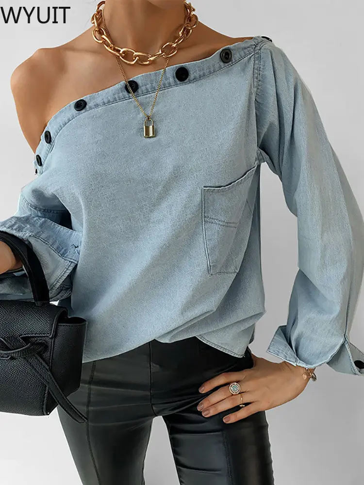 

2022 Spring Autumn Long Sleeve Pullover Top Sexy Women Skew Collar Solid Button Blouse Elegant Backless Office Lady Shirt Blusa