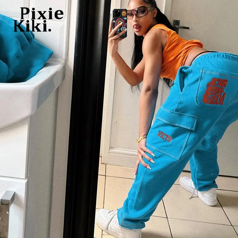 

PixieKiki Embroidered Letter Sweatpants Y2k Streetwear Fashion Drawstring Baggy Cargo Pants Fall 2022 Hip Hop Trousers P98-DH43