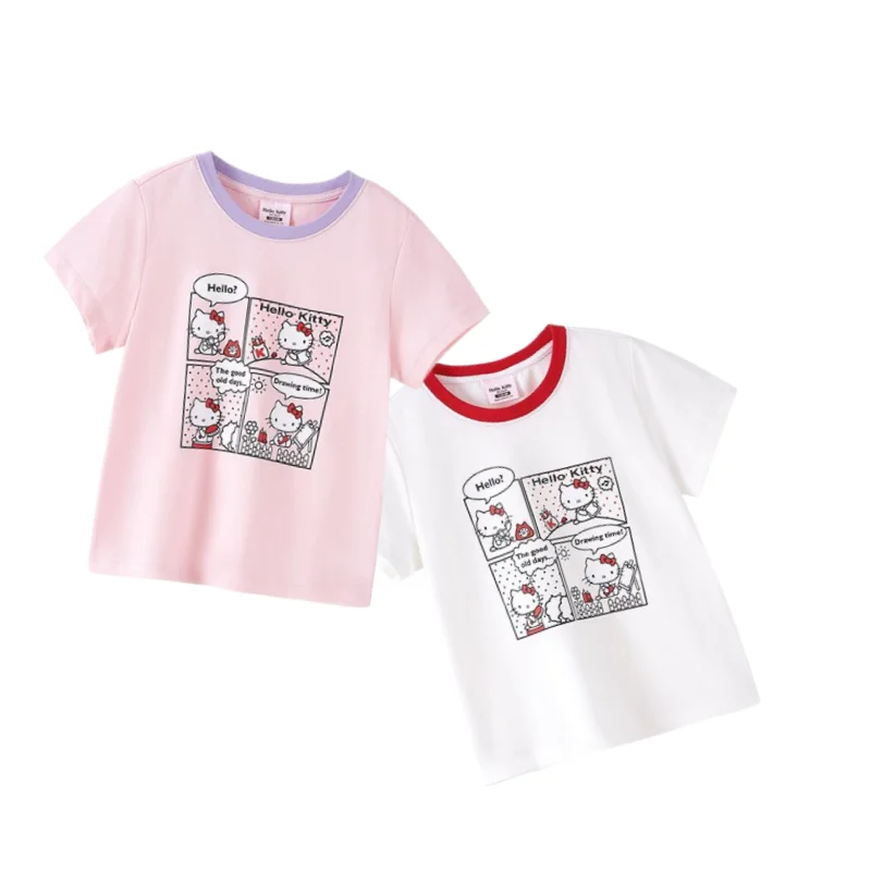 

Sanrio милые детские Персонализированные Летние модные в западном стиле с короткими рукавами и принтом Hello Kitty для девочек