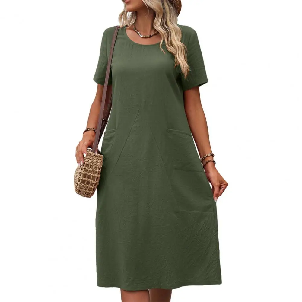 

Женское платье с круглым вырезом и коротким рукавом, однотонное свободное тонкое платье до колена с карманами, уличная одежда, лето 2023