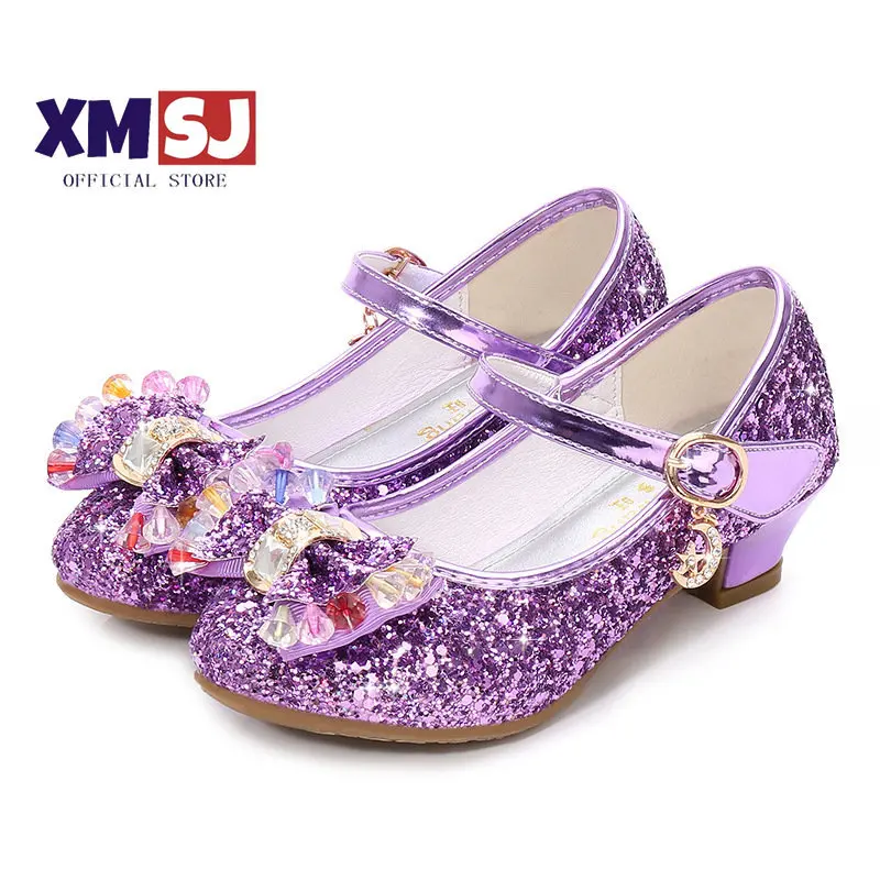 

Spring Children's Paillette Princess Shoes Butterfly-knot Crystal Sequins High Heels Girls Leather Shoes For Kids Wedding Party