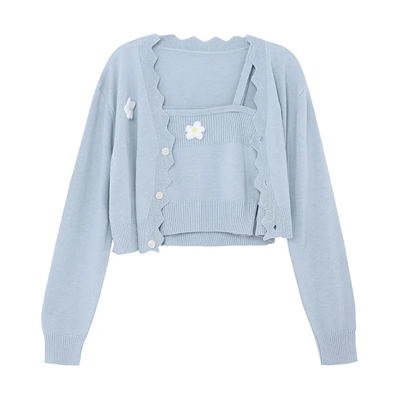 

Женский вязаный комплект из 2-х предметов, однотонный синий свитер, кардиган с цветочным узором, жилет на подтяжках, женская одежда, осень-зи...