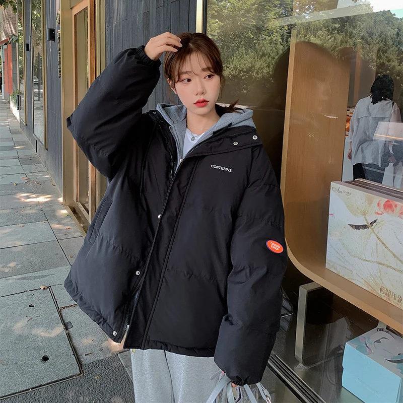 2022 Winter Down Cotton Jacket Women's New Thickened Korean Fake Two Piece Loose Hooded Coat Cotton Padded Jacket