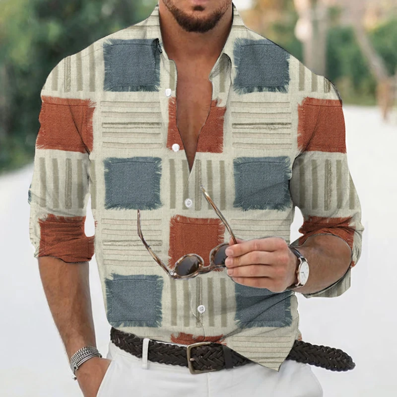 

Men's Autumn Polyester Long Sleeve Shirt Plaid Print Casual Male Top Turn-down Collar shirts Clothes Blouse Clothing For Men