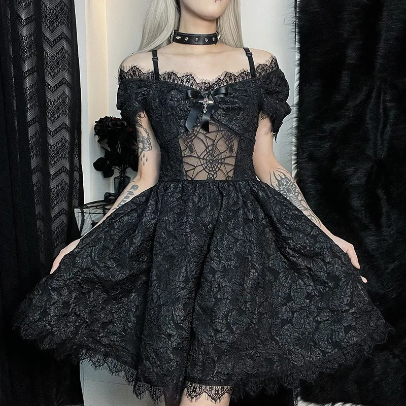 

Dark Gothic Mesh See Through Sexy A-line Dresses Harajuku Jacquard Lace Hem Partywear Lolita Cute Women Dress