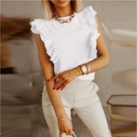 sleeveless women white shirt ruffles backless lace up blouse solid o neck lady shirts 2022 summer loose casual fashion top