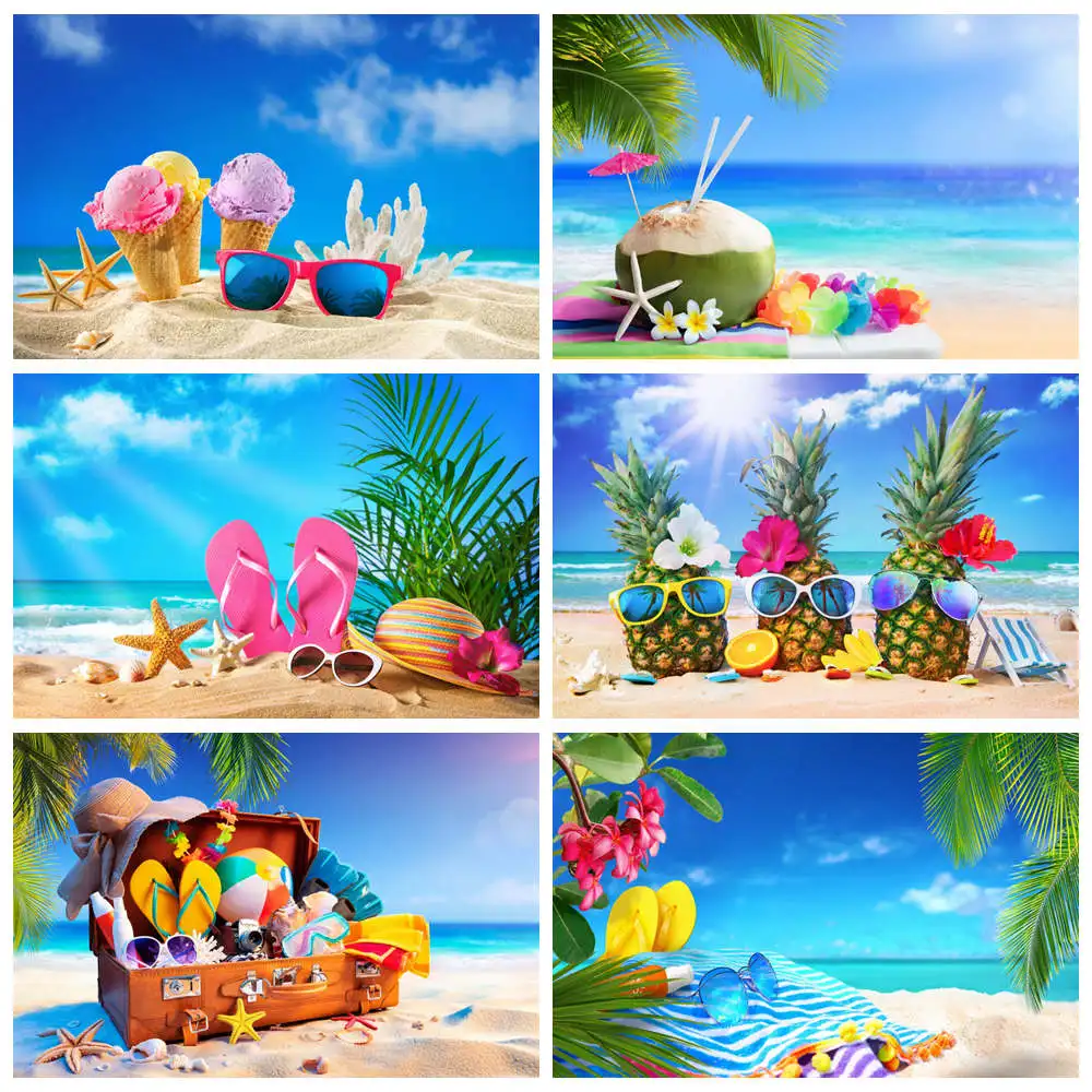 

Summer Beach Photography Backdrops Party Decoration Sea Sands Pineapple Ice Cream Custom Holiday Photo Booth Backgrounds Props