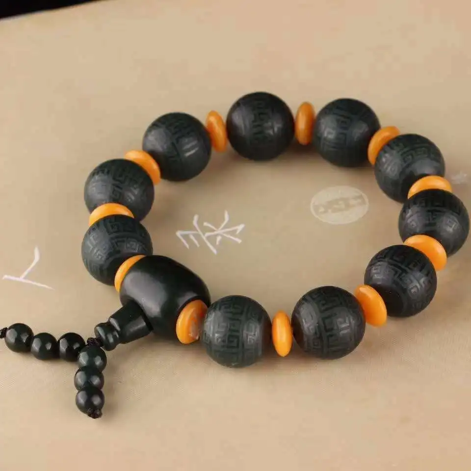 

Send Certificate Natural Green Jade Bracelet Men Women Real Chinese Hetian Jades Hand-carved Exquisite Pattern Elastic Bracelets