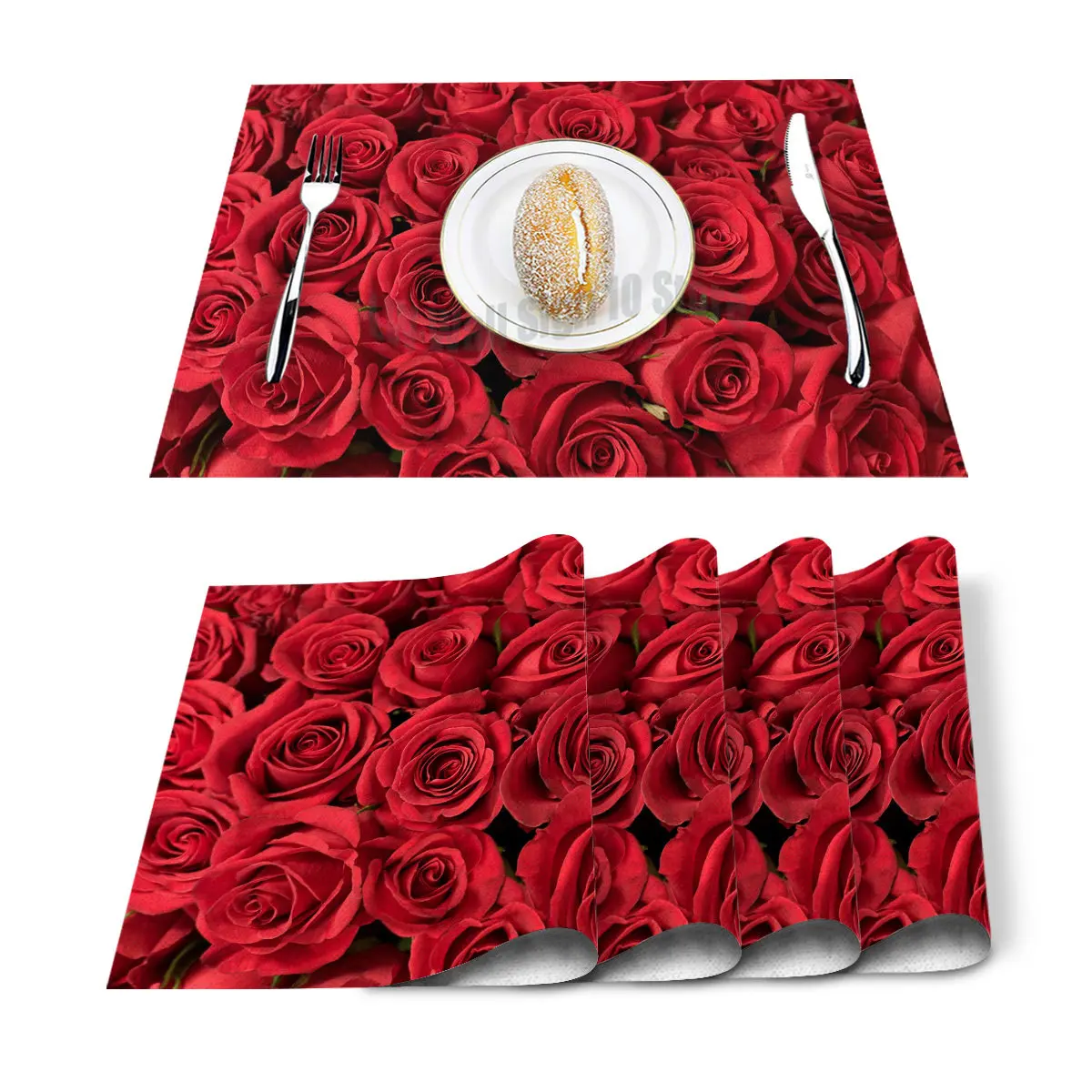 

4/6pcs Red Rose Flower Bouquet Plant Kitchen Placemat Set Coaster Dining Table Mats Cotton Linen Pad Bowl Cup Mat Home Decor