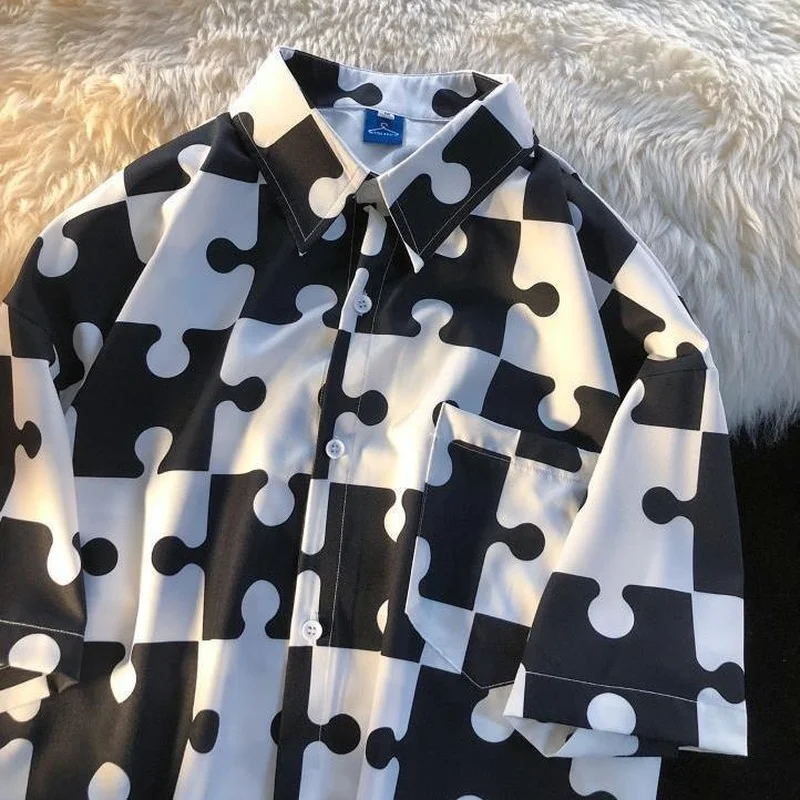 

Retro Beach Style Green Puzzle Graphic Button Up Shirts Short Sleeve POLO Collar Blouses Unisex Men Womens Tops Summer Large 2XL