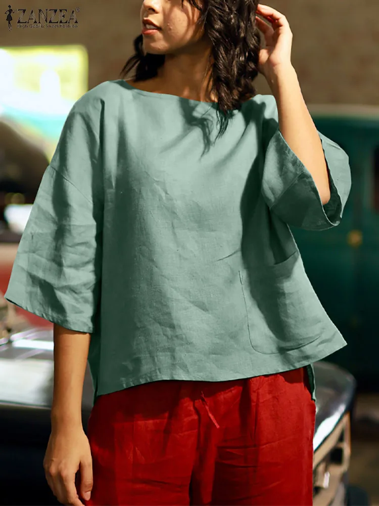 

Хлопковая блузка ZANZEA в стиле оверсайз для отдыха, женские Рубашки, Топы, тонкая рубашка с рукавом 3/4 и круглым вырезом, праздничная уличная б...