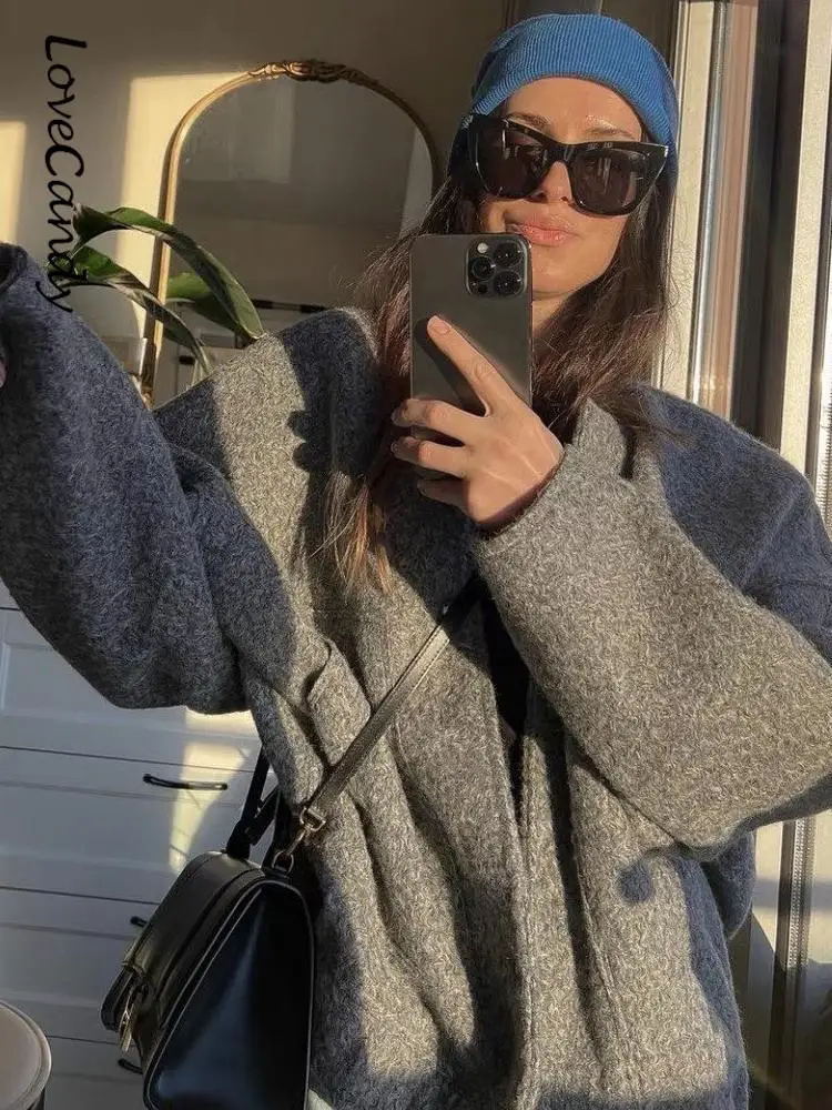 

Женские повседневные свободные куртки с воротником-стойкой, весенние теплые серые бомберы на пуговицах с длинным рукавом, модная плюшевая однотонная женская верхняя одежда, 2023