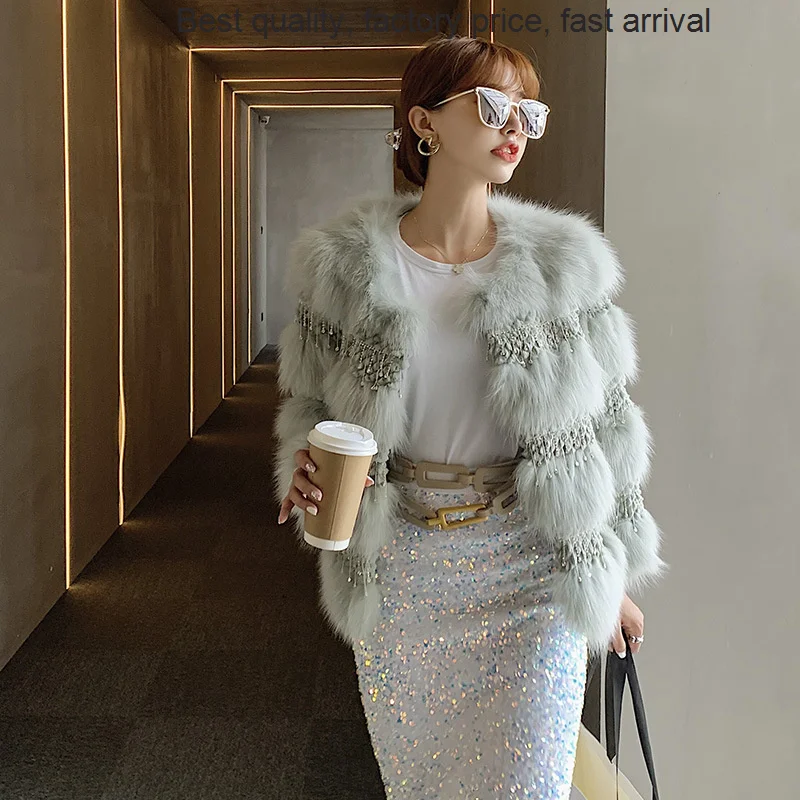 

Высококачественные роскошные Брендовые женские пальто с лисой, новинка на осень и зиму, повседневные короткие пальто ручной работы с кисточками и украшением из страз, из натуральной кожи