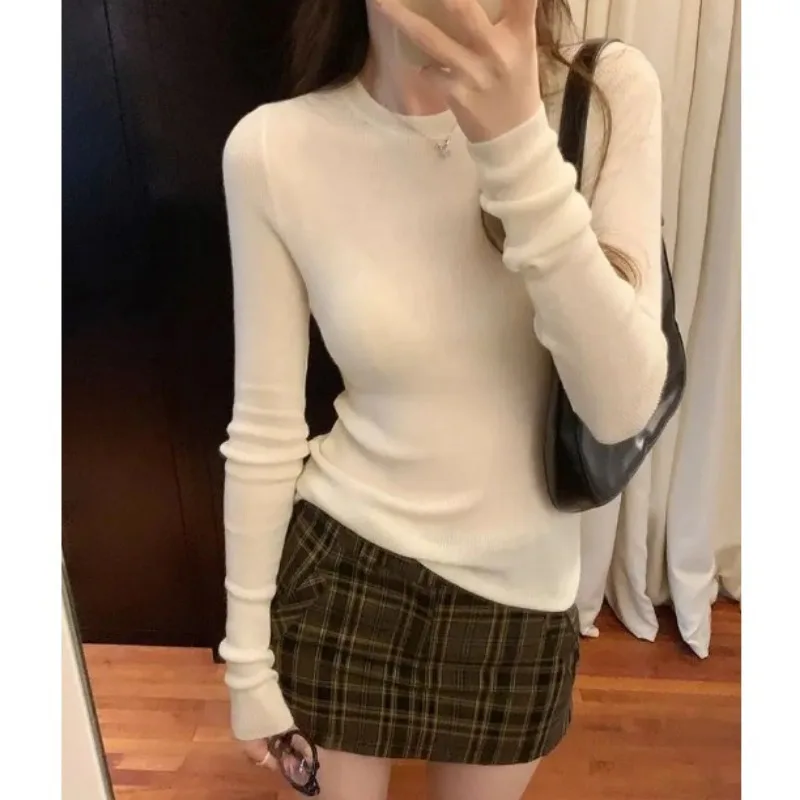 Y2K Женский Тонкий Хлопковый Однотонный Пуловер С Круглым Вырезом Винтажная