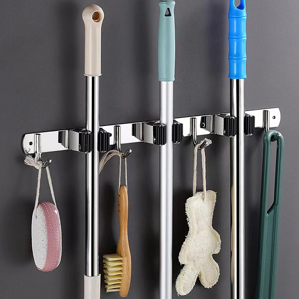 Broom Hook Holder Wall Mount Mop Organizer Holder Stainless Steel Storage Hook Kitchen Bathroom Organization Accessories