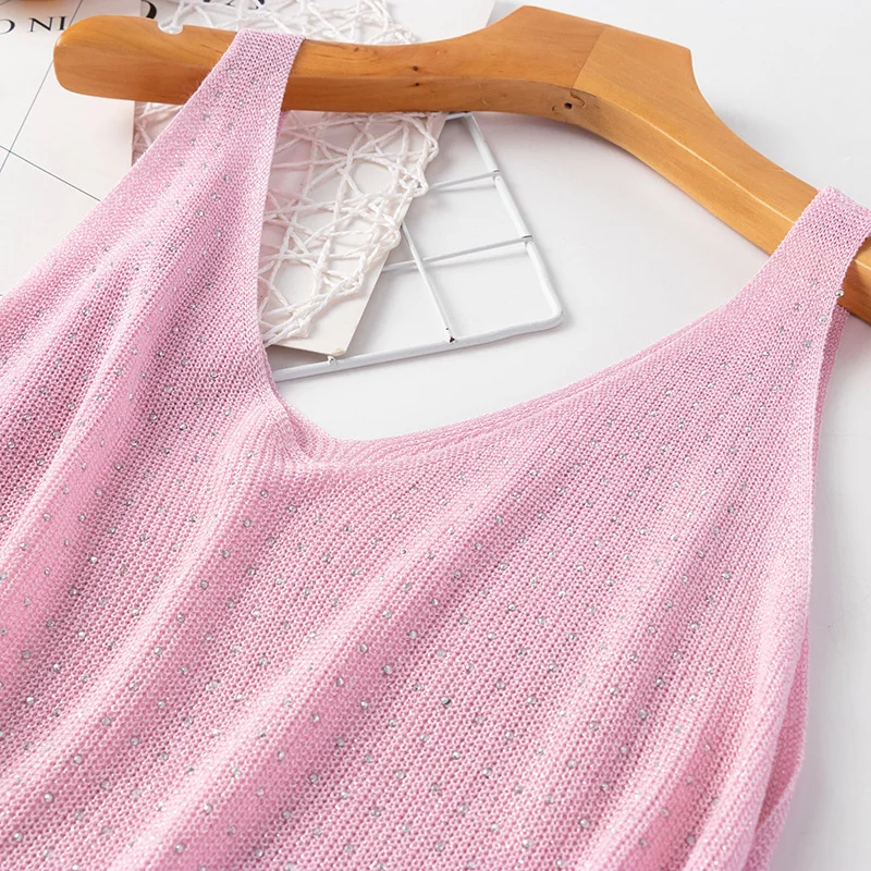 Летний вязаный Топ для женщин модная майка без рукавов Блестящий жилет с